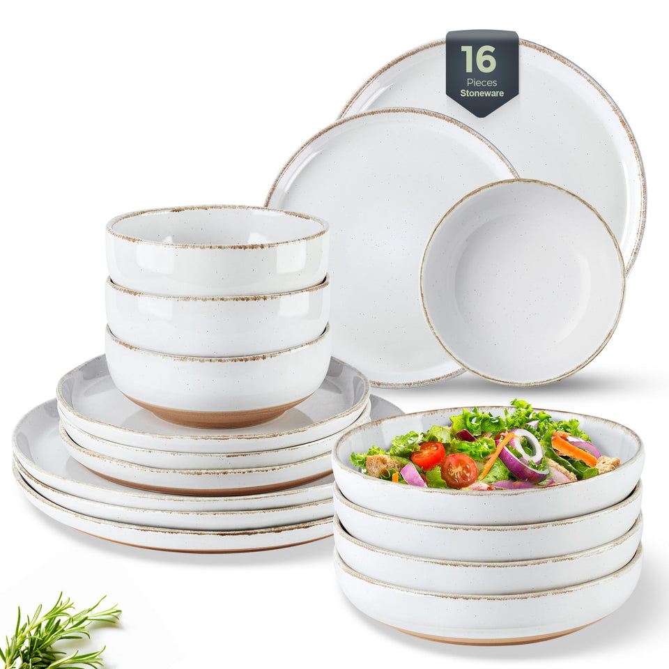 AmorArc Ceramic Dinnerware Sets for 8, 24 Pieces Handpainted Plates and Bowls Set with Rustic Terracotta Underside, Scratch Resistant Stoneware Dishes Set, Dishwasher & Microwave Safe, Light Beige