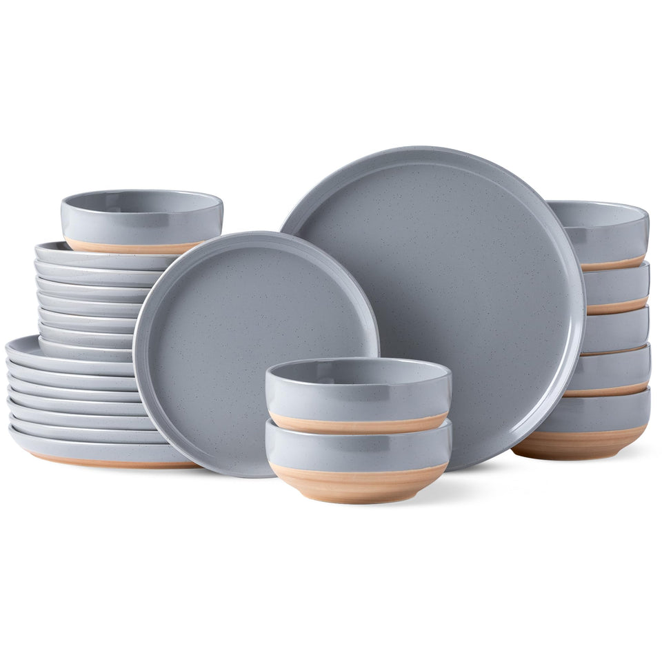 AmorArc Ceramic Dinnerware Sets for 8, 24 Pieces Handpainted Plates and Bowls Set with Rustic Terracotta Underside, Scratch Resistant Stoneware Dishes Set, Dishwasher & Microwave Safe, Light Beige