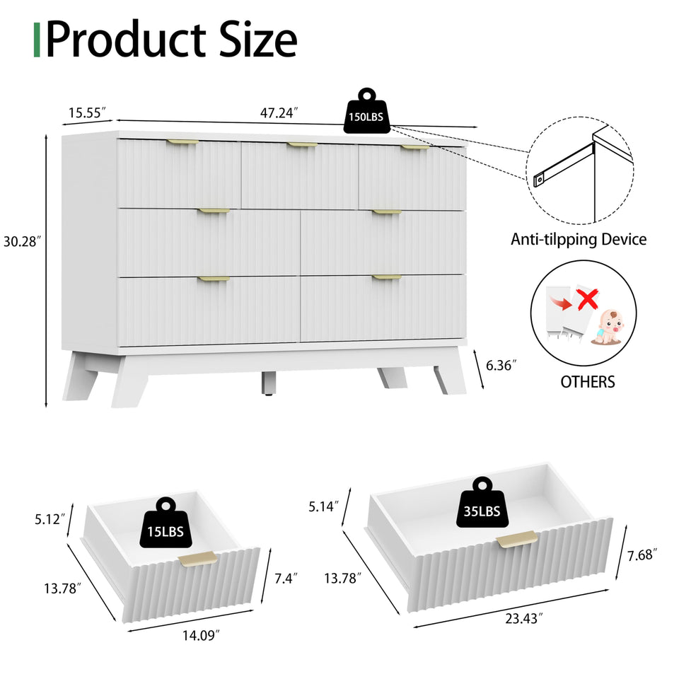 Fluted Dresser for Bedroom with 9 Drawers, 57" Wide Modern Chest of Drawers with Metal Handle, Wooden Dresser TV Stand, Wood Closet Clothes Storage Organizer for Living Room, Hallway, Natural Oak