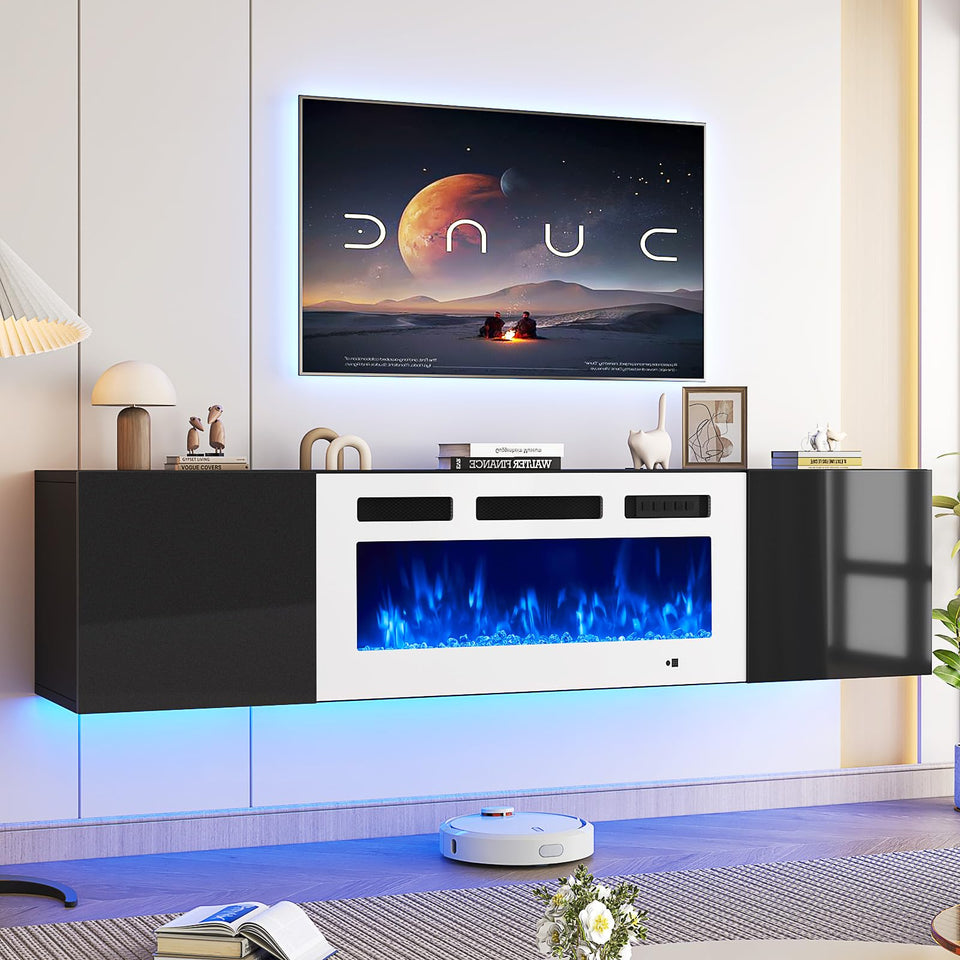 oneinmil 70" Floating TV Stand with 36" Electric Fireplace, Wall Mounted Fireplace Entertainment Center with Storage, Fire Place TV Console for Living Room, All Black