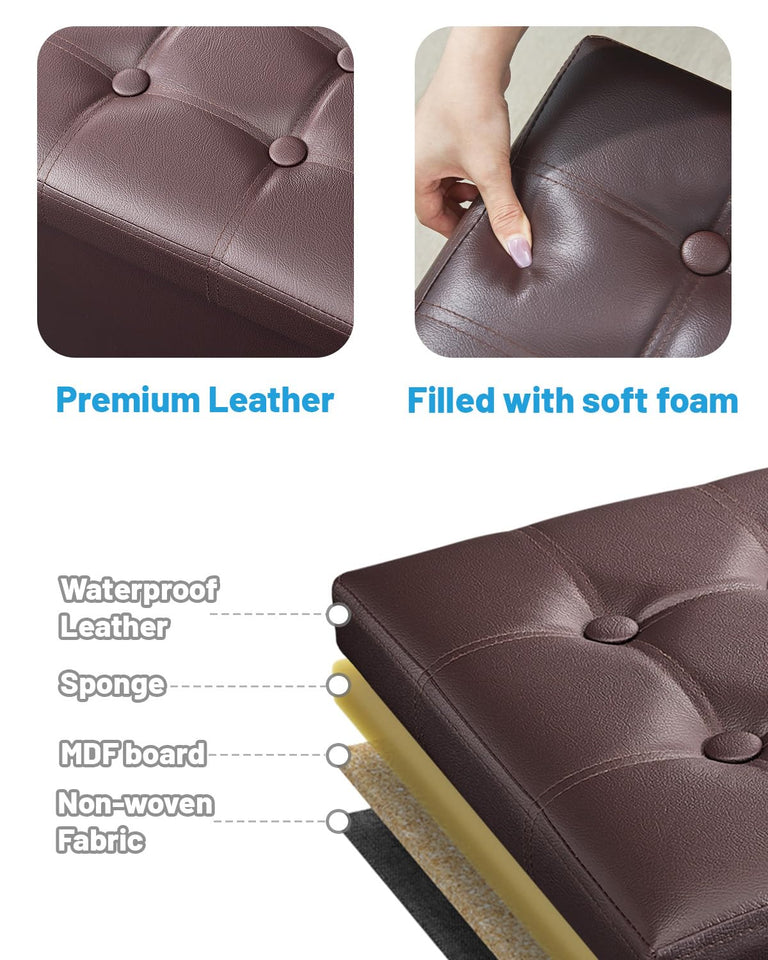 AmasSmile Storage Ottoman Folding Foot Rest Stool, Leather Footstool Bench, Short Ottoman Stool, Storage Foot Rest Store, Books (Black, 17" D x 13" W x 13" H)