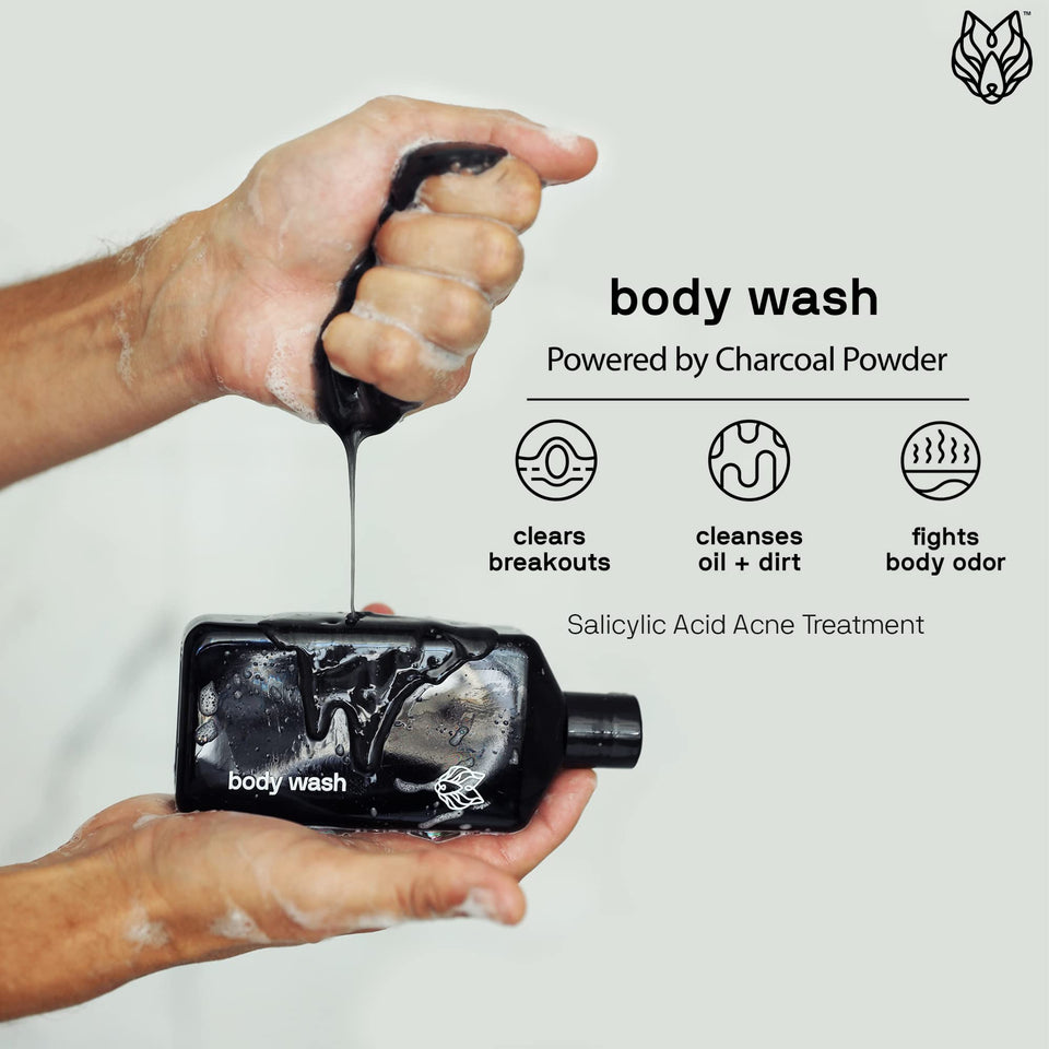 Black Wolf Salicylic Acid Body Wash for Men, 1 Liter - Men's Acne Body Wash - Charcoal Helps Reduce Acne Breakouts & Cleanse Your Skin - Full Coverage & Deep Clean Treatment - Men's Bodywash