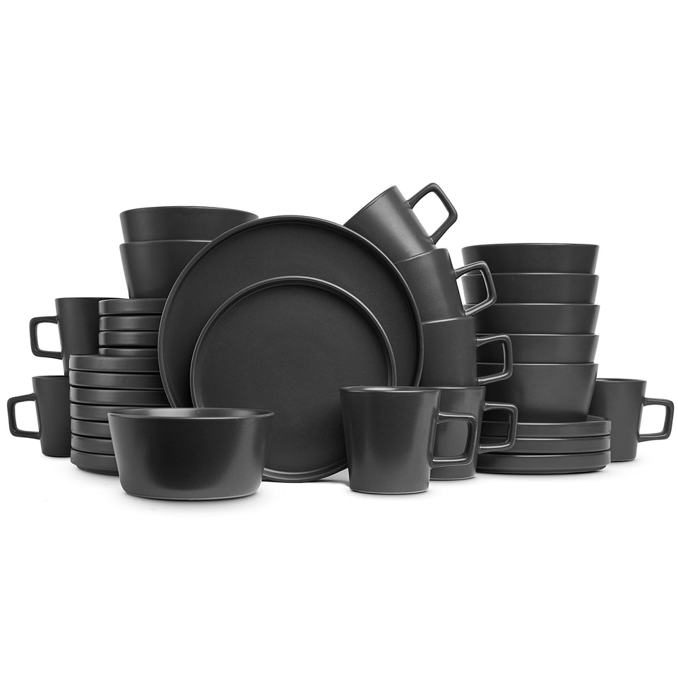 Stone Lain Celina Stoneware 32 Piece Dinnerware Set, Plates and Bowls, Black Matte Dish Collection, Service for 8 – Contemporary Minimalist Style, Microwave & Dishwasher Safe