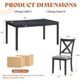 AMERLIFE 7-Piece Farmhouse Solid Wood Dining Table Set with 6 Upholstered Chairs, 60" Space Saving Dinner Table & Chairs Set, for Dining Room, Kitchen, Restaurant, Brown & White