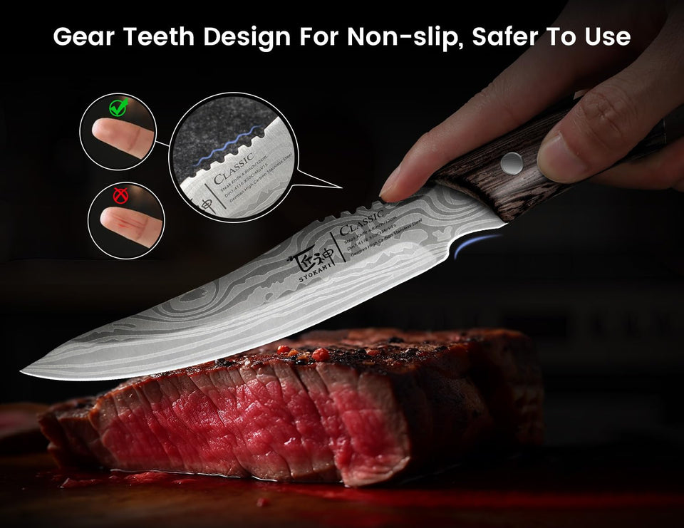 SYOKAMI Steak Knives Set of 8, 4.8 Inch High-Carbon Japanese Stainless Steel Non-serrated Steak Knife with Wood Handle, Damascus Pattern Full Tang Design, Razor-Sharp Dinner Knives with Gift Box