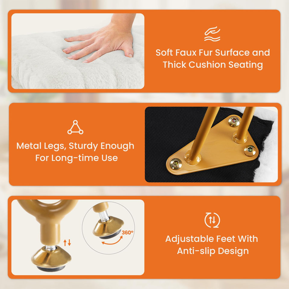 Sweetcrispy Vanity Stool Chair with Storage, Ottoman Faux Fur Soft Padded Makeup Footstools Seat with 4 Metal Legs Anti-Slip Adjustable Feet Modern Cute Small Footrest for Home Entryway Bedroom White