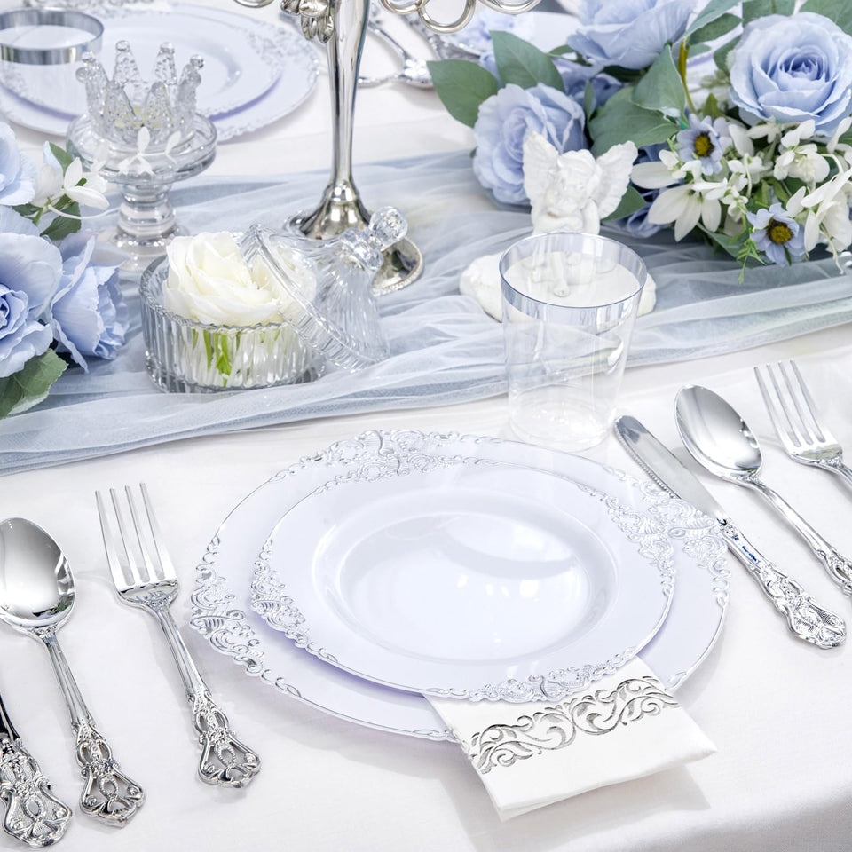 YOUBET 700PCS Silver Plastic Plates - White and Silver Disposable Plates - Silvery Plastic Dinnerware Set - Include 200 Plates, 300 Heavy Duty Silverware, 100 Cups and 100 Napkins for Wedding & Party