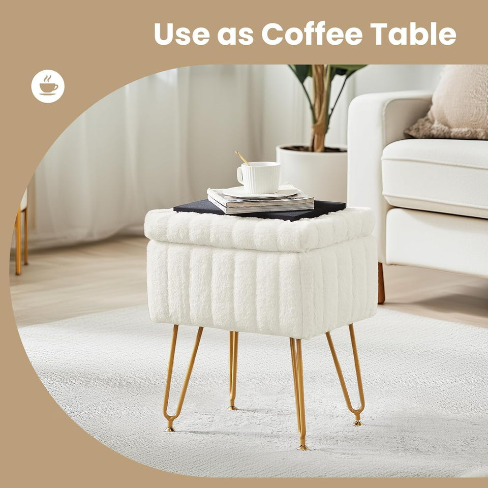 DUMOS Vanity Stool Chair, Ottoman with Storage, Makeup Cute Soft Small Footstool, Modern Style Faux Fur Seat with 4 Metal Legs & Adjustable Feet for Dressing, Living Room, Bedroom, Dorm, Grey