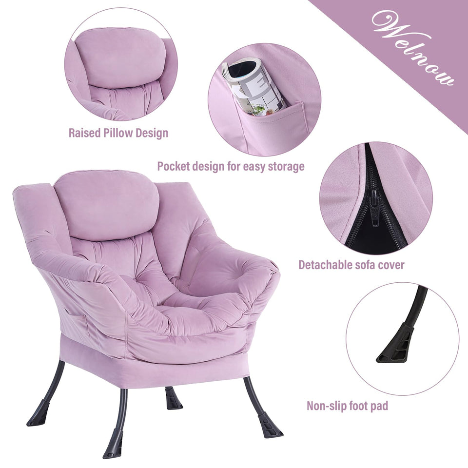 Welnow Lazy Chair with Ottoman, Modern Lounge Accent Chair with Armrests and a Side Pocket, Leisure Sofa Armchair, Reading Armchair with Footrest for Small Space, Dark Grey