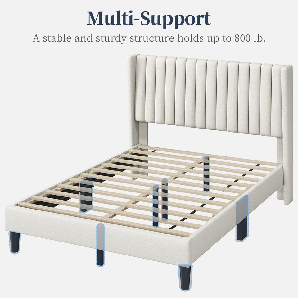 Yaheetech King Bed Frame Upholstered Platform Bed with Fabric Headboard, Wing Edge Design/Non-Slip and Noise-Free/Wooden Slats Support/No Box Spring Needed/Easy Assembly, Ivory King Bed