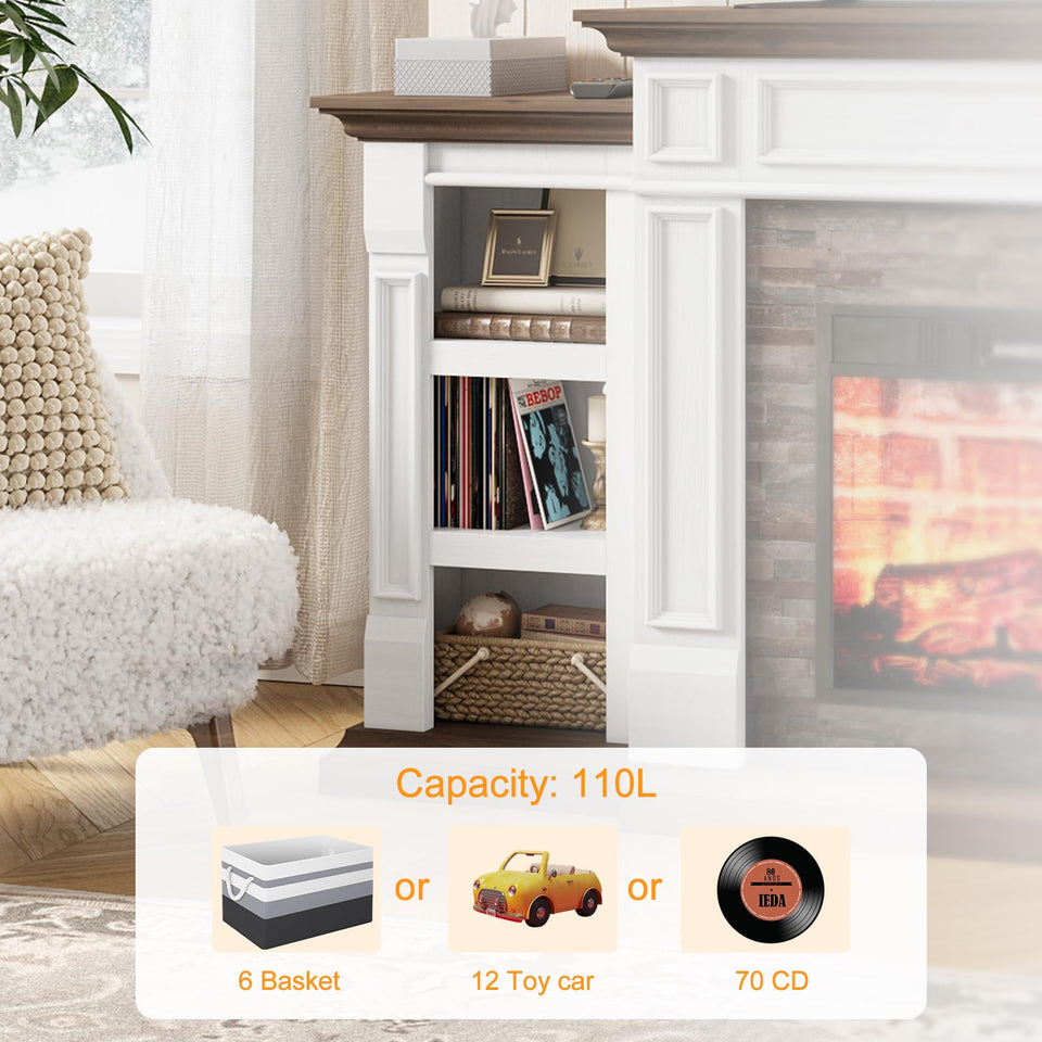 80" Fireplace TV Stand for TVs Up to 90 Inch, Electric Fireplace with Mantel, Farmhouse Entertainment Center with Storage, Realistic Stacked Stone Surround with Remote Control for Living Room