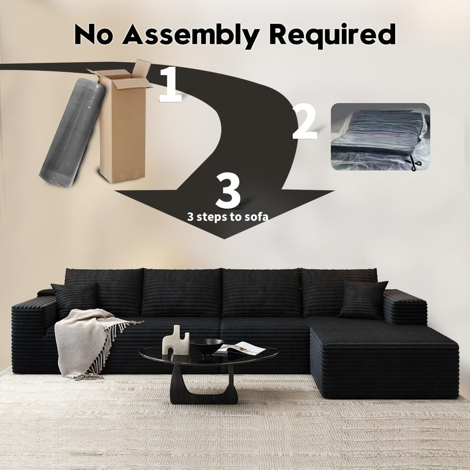 135.4" Cloud Modular Sectional Couch with 1 Ottoman,Modern Minimalist Upholstered Couches, Comfort U Shaped Sofa for Living Room,Deep Seat Corner Couch，No Assembly Required (Black,Left Facing Chaise)