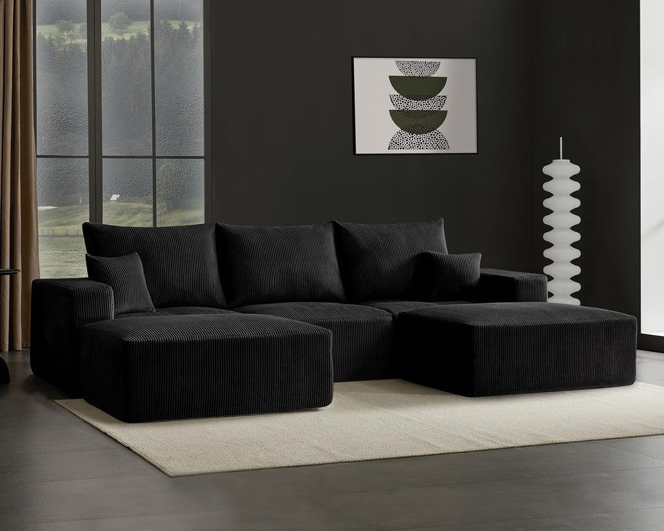 Boneless Sectional Cloud Couch Sofa for Living Room, 112" U-Shaped Modular Modern Lounge Sleeper Black Couches with Chaise, No Assemble, Cordury Compression Upholstered Sofas