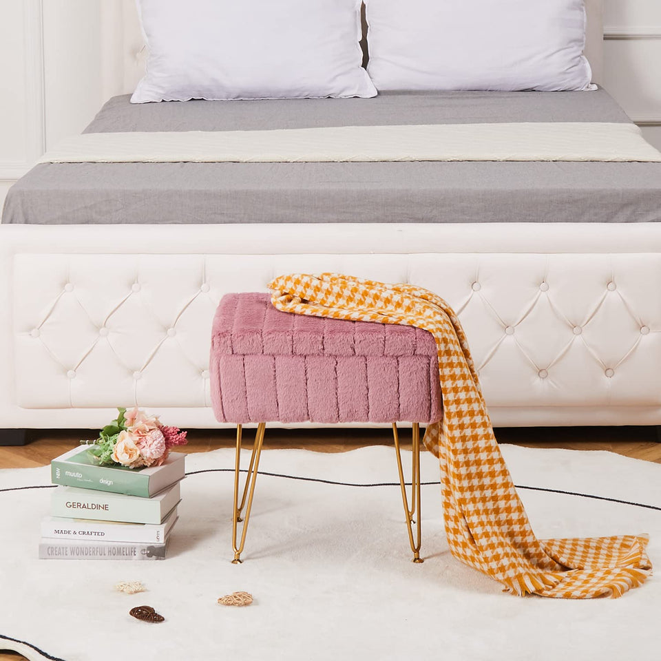 Wimarsbon Storage Ottoman, Vanity Stools with Metal Legs, 16.5" x 11.8" x 18" Modern Faux Mink Fur Footstool, Makeup Chair with Anti-Slip Feet, Accent Table,Footrest,Storage Bench for Bedroom