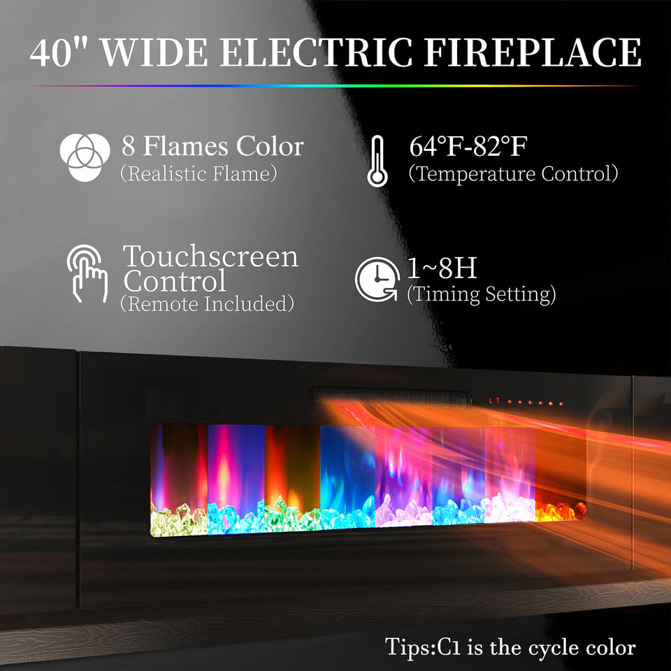 AMERLIFE Fireplace TV Stand with 36" Fireplace, 70" Modern High Gloss Fireplace Entertainment Center LED Lights, 2 Tier TV Console Cabinet for TVs Up to 80", Obsidian Black