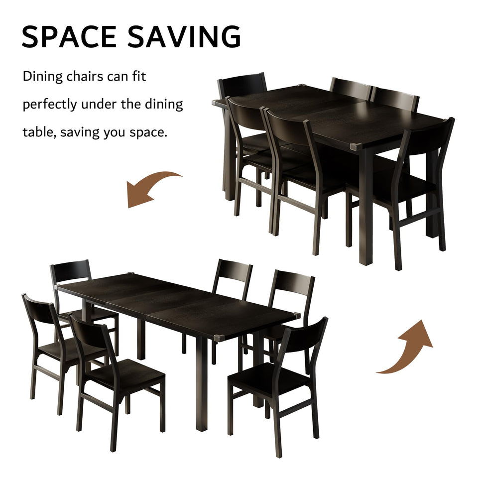 iPormis 7-Piece Dining Table Set with 6 Chairs, 63" Extendable Kitchen Table & Chairs Set for 4-6, Dining RoomTable with Solid Metal Frame & MDF Board, Perfect for Small Space, Easy Assembly, Walnut