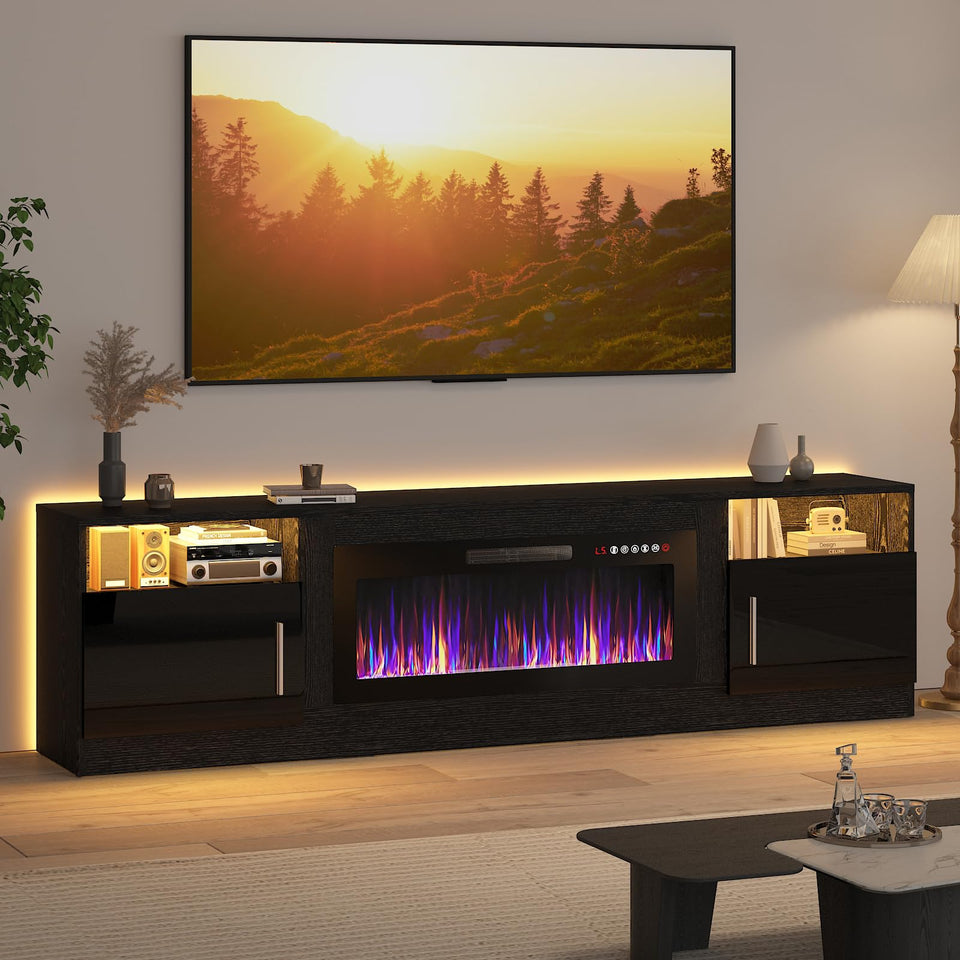 Lemberi Fireplace tv Stand with 36 inch Fireplace Up to 90" TVs, LED Light Entertainment Center and Storage, 80" Modern Wood Media TV Console with Highlight Cabinet for Living Room (White)