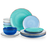 vancasso Bonita Dinnerware Set 24 Pieces Blue Stoneware Service for 6, Handpainted Spirals Pattern Stoneware Combination Set