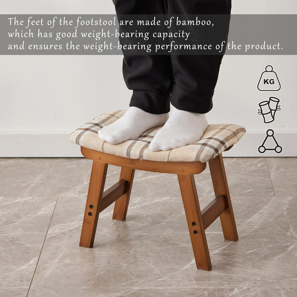 Foot Stool,Ottoman,Bamboo Small Sofa Foot Rest Under Desk,Extra Seating for Living Room, Bedroom and Kitchen(Brown Stool Legs - Beige Surface)