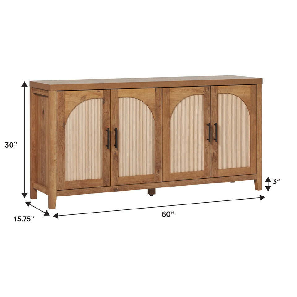 Walker Edison Sasha 4-Door Reeded Sideboard Buffet with Cord Management, 70 Inch, Coastal Oak