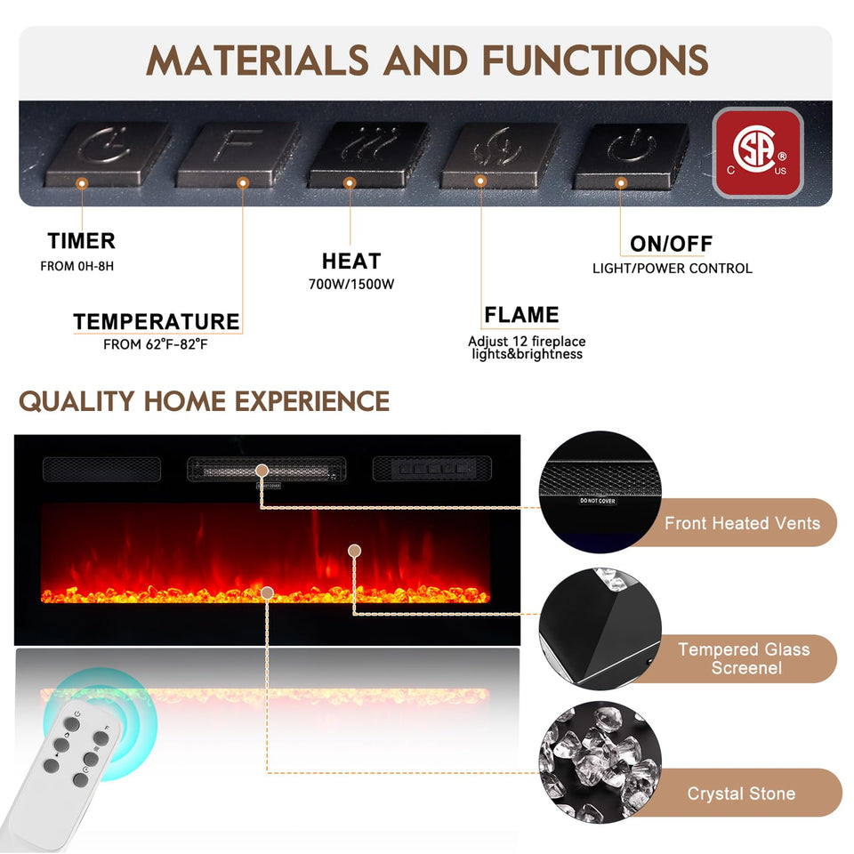 OneBlis 70" TV Stand for Living Room, Modern Entertainment Center & Media Console, Fits TVs up to 80", Storage Cabinet with Shelves, 36" Electric Fireplace with LED Flame (All Black)