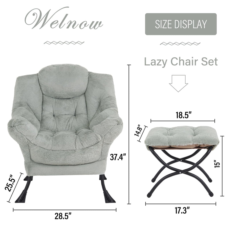 Welnow Lazy Chair with Ottoman, Modern Lounge Accent Chair with Armrests and a Side Pocket, Leisure Sofa Armchair, Reading Armchair with Footrest for Small Space, Dark Grey