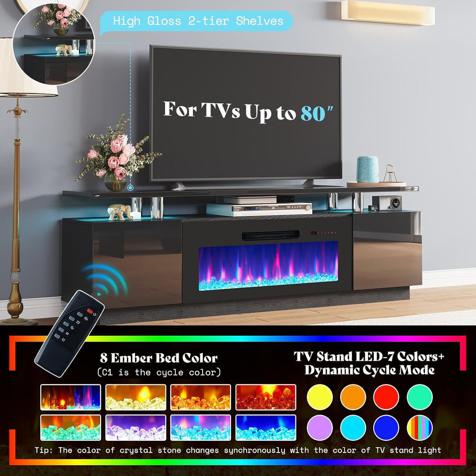 AMERLIFE Fireplace TV Stand with 36" Fireplace, 70" Modern High Gloss Fireplace Entertainment Center LED Lights, 2 Tier TV Console Cabinet for TVs Up to 80", Obsidian Black