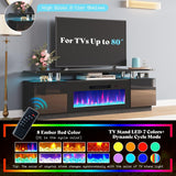 AMERLIFE Fireplace TV Stand with 36" Fireplace, 70" Modern High Gloss Fireplace Entertainment Center LED Lights, 2 Tier TV Console Cabinet for TVs Up to 80", Obsidian Black
