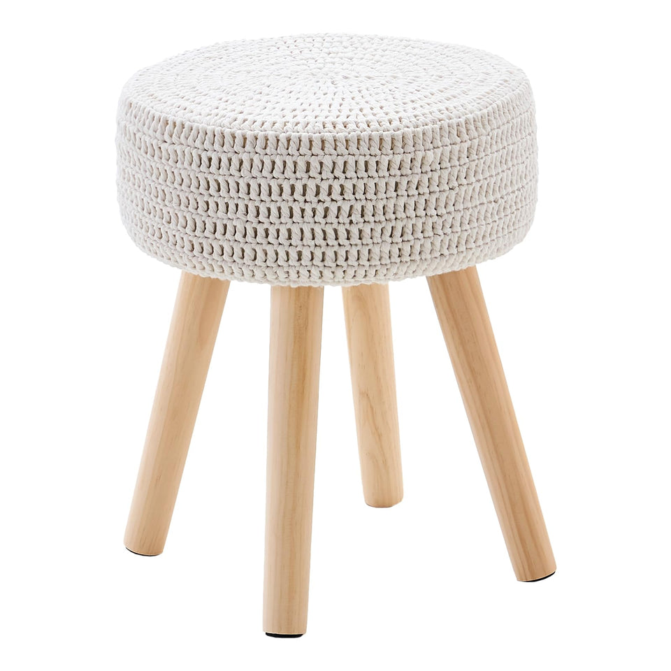 Wimarsbon Pouf Ottoman, 100% Cotton Knitted Boho Footstool, Round Footrest with Non-Skid Wood Legs, Home Décor Handmade Pouffe, Leisure Floor Step Stool for Living Room (Beige)