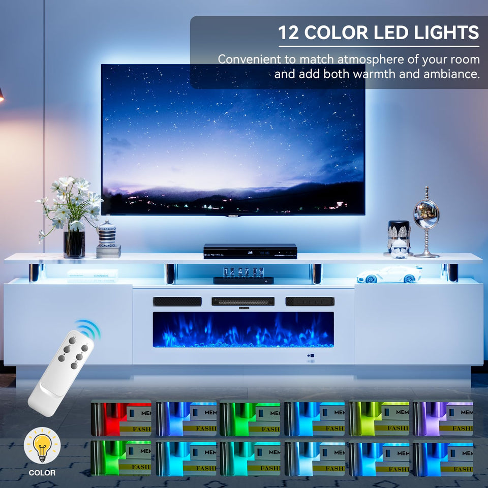 OneBlis 70" TV Stand for Living Room, Modern Entertainment Center & Media Console, Fits TVs up to 80", Storage Cabinet with Shelves, 36" Electric Fireplace with LED Flame (All Black)