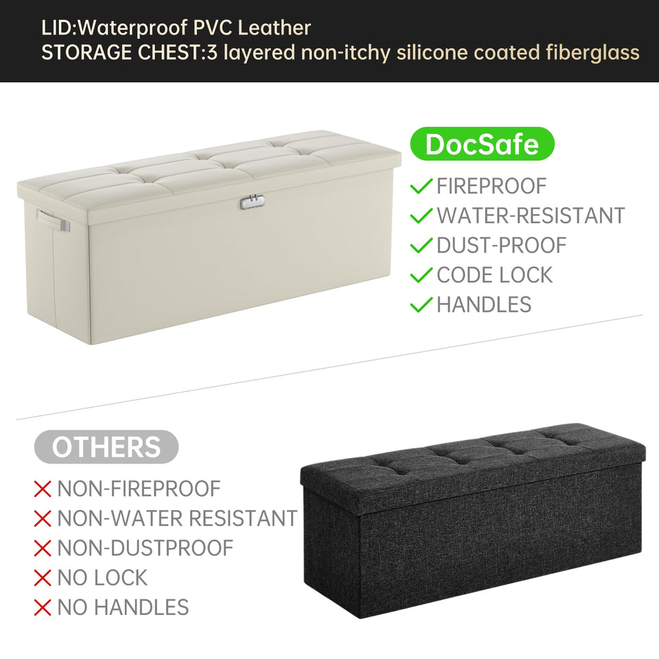 DocSafe Storage Ottoman with Lock,Fireproof Folding Ottoman Foot Rest Stool Storage Chest with Storage Safe for Important Documents,Waterproof 17 Inches Short Ottoman Foot Stool with Handles,Black