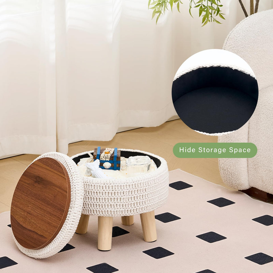 Wimarsbon Pouf Ottoman, 100% Cotton Knitted Boho Footstool, Round Footrest with Non-Skid Wood Legs, Home Décor Handmade Pouffe, Leisure Floor Step Stool for Living Room (Beige)