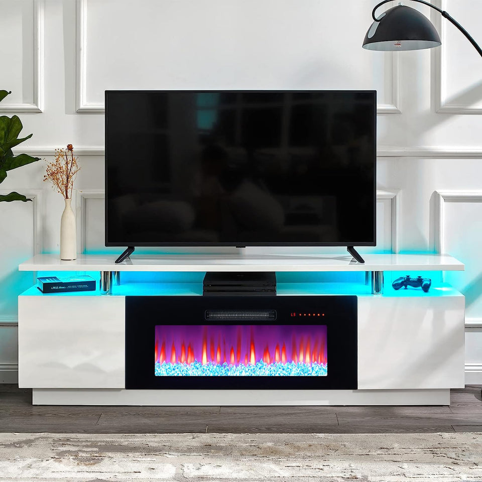 AMERLIFE Fireplace TV Stand with 36" Fireplace, 70" Modern High Gloss Fireplace Entertainment Center LED Lights, 2 Tier TV Console Cabinet for TVs Up to 80", Obsidian Black