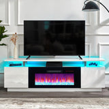 AMERLIFE Fireplace TV Stand with 36" Fireplace, 70" Modern High Gloss Fireplace Entertainment Center LED Lights, 2 Tier TV Console Cabinet for TVs Up to 80", Obsidian Black