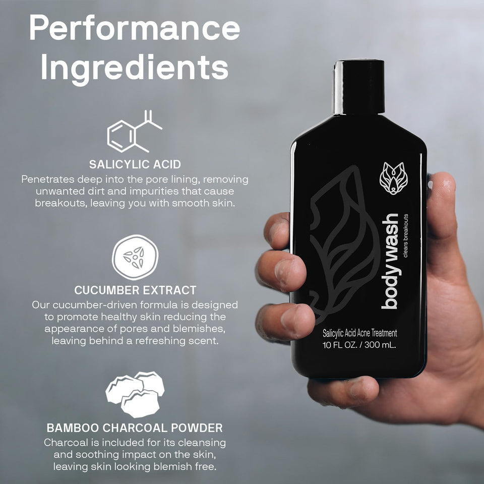Black Wolf Salicylic Acid Body Wash for Men, 1 Liter - Men's Acne Body Wash - Charcoal Helps Reduce Acne Breakouts & Cleanse Your Skin - Full Coverage & Deep Clean Treatment - Men's Bodywash
