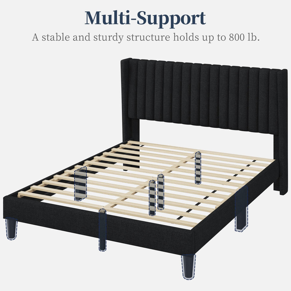 Yaheetech King Bed Frame Upholstered Platform Bed with Fabric Headboard, Wing Edge Design/Non-Slip and Noise-Free/Wooden Slats Support/No Box Spring Needed/Easy Assembly, Ivory King Bed