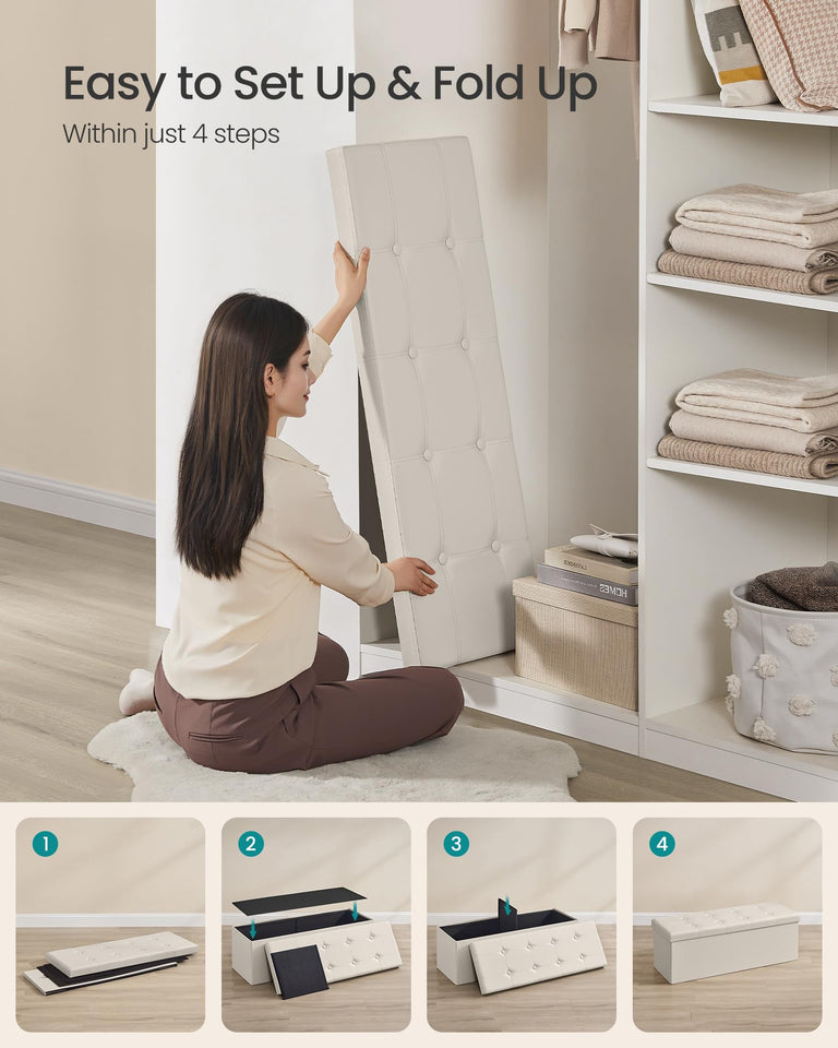 SONGMICS MAZIE Collection - 43 Inches Folding Storage Ottoman Bench, Ottoman with Storage, Foot Rest Stool, Load 660 lb, for Living Room, Synthetic Leather, Black ULSF701