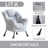 LITA Lazy Chair with Ottoman, Modern Accent Leisure Upholstered Lazy Sofa Armchair, Contemporary Lounge Reading Chair with Armrests and a Side Pocket for Living Room, Bedroom & Small Space, Dark Grey