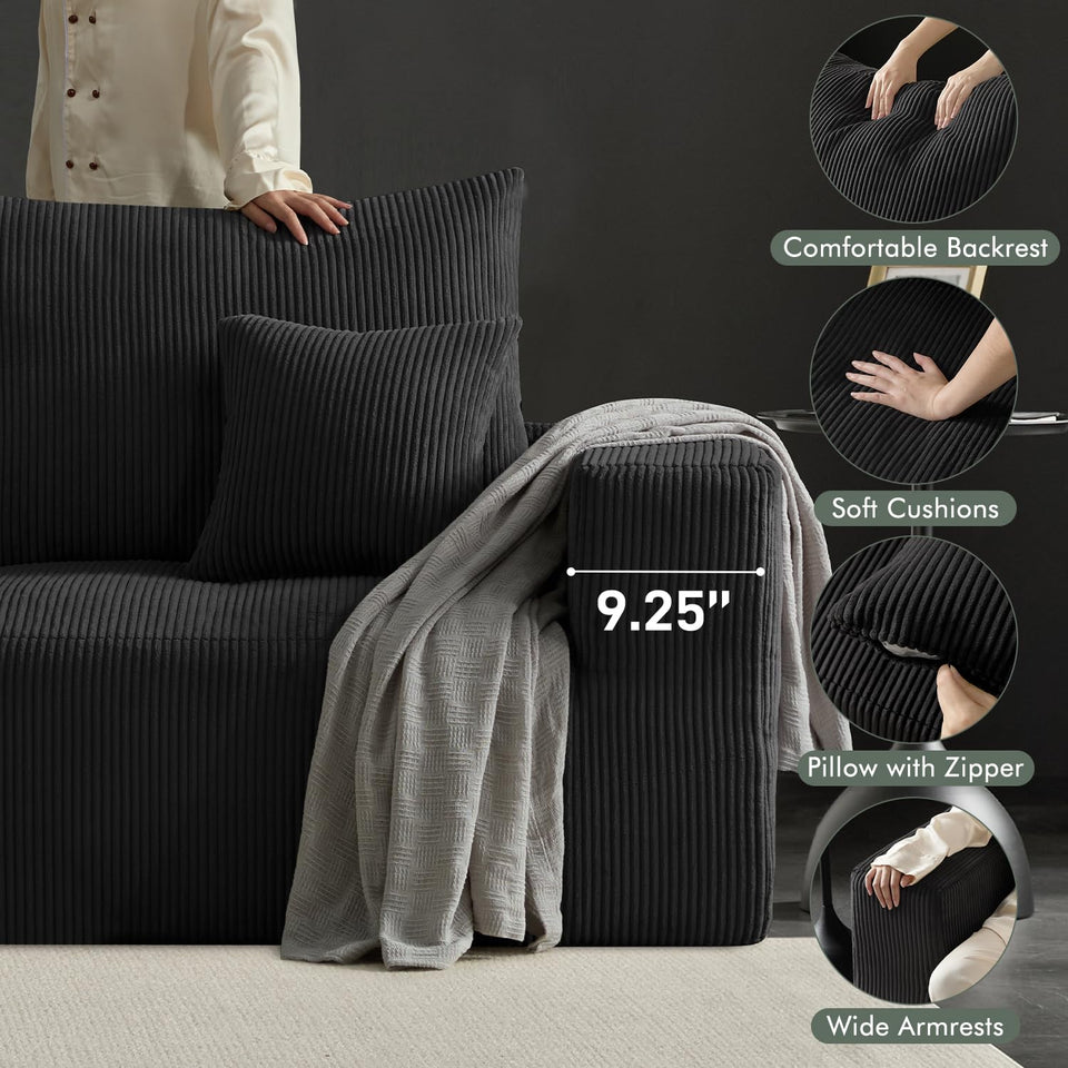 Boneless Sectional Cloud Couch Sofa for Living Room, 112" U-Shaped Modular Modern Lounge Sleeper Black Couches with Chaise, No Assemble, Cordury Compression Upholstered Sofas