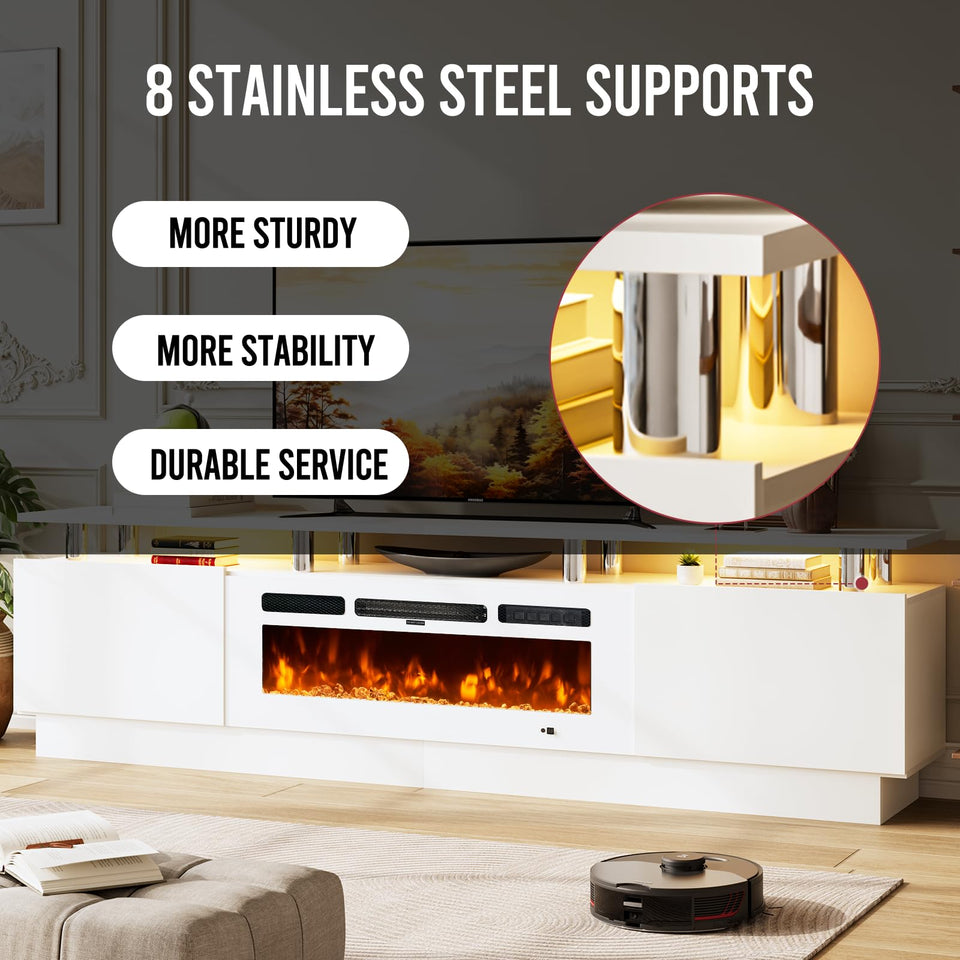 OneBlis 70" TV Stand for Living Room, Modern Entertainment Center & Media Console, Fits TVs up to 80", Storage Cabinet with Shelves, 36" Electric Fireplace with LED Flame (All Black)