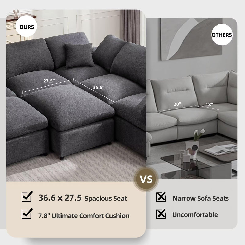 Siiejia Modular Sectional Sofa Modern Oversized Cloud Couch with Movable Ottoman 7 Seater L-Shaped Sofas Comfy Couches for Living Room Spacious Space Office Lounge, Beige
