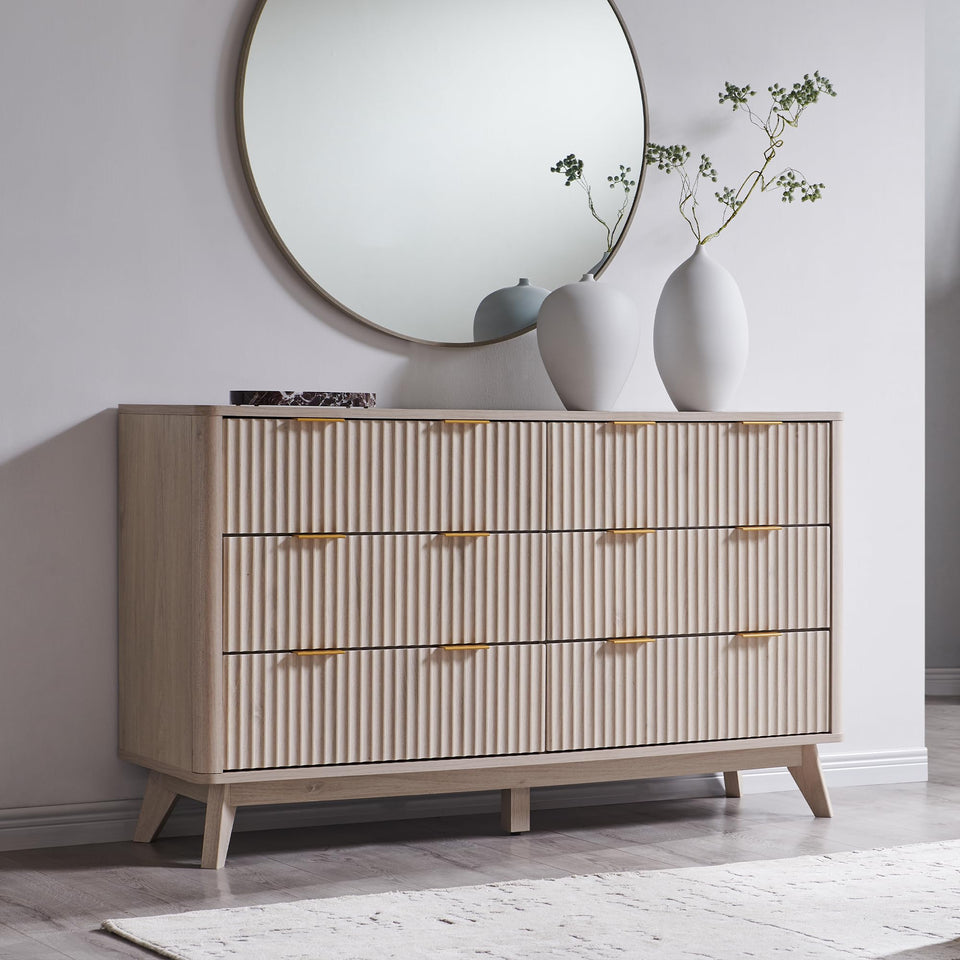 T4TREAM Fluted 7 Drawers Dresser, 54" Wide Modern Chest of Drawers with Faux Marble Top, Curved Profile Design, Dresser TV Stand, Wood Drawer Organizer for Bedroom, Living Room, Hallway, Natural Oak