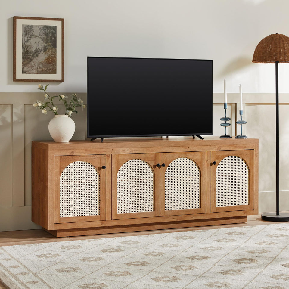 Walker Edison Sasha 4-Door Reeded Sideboard Buffet with Cord Management, 70 Inch, Coastal Oak