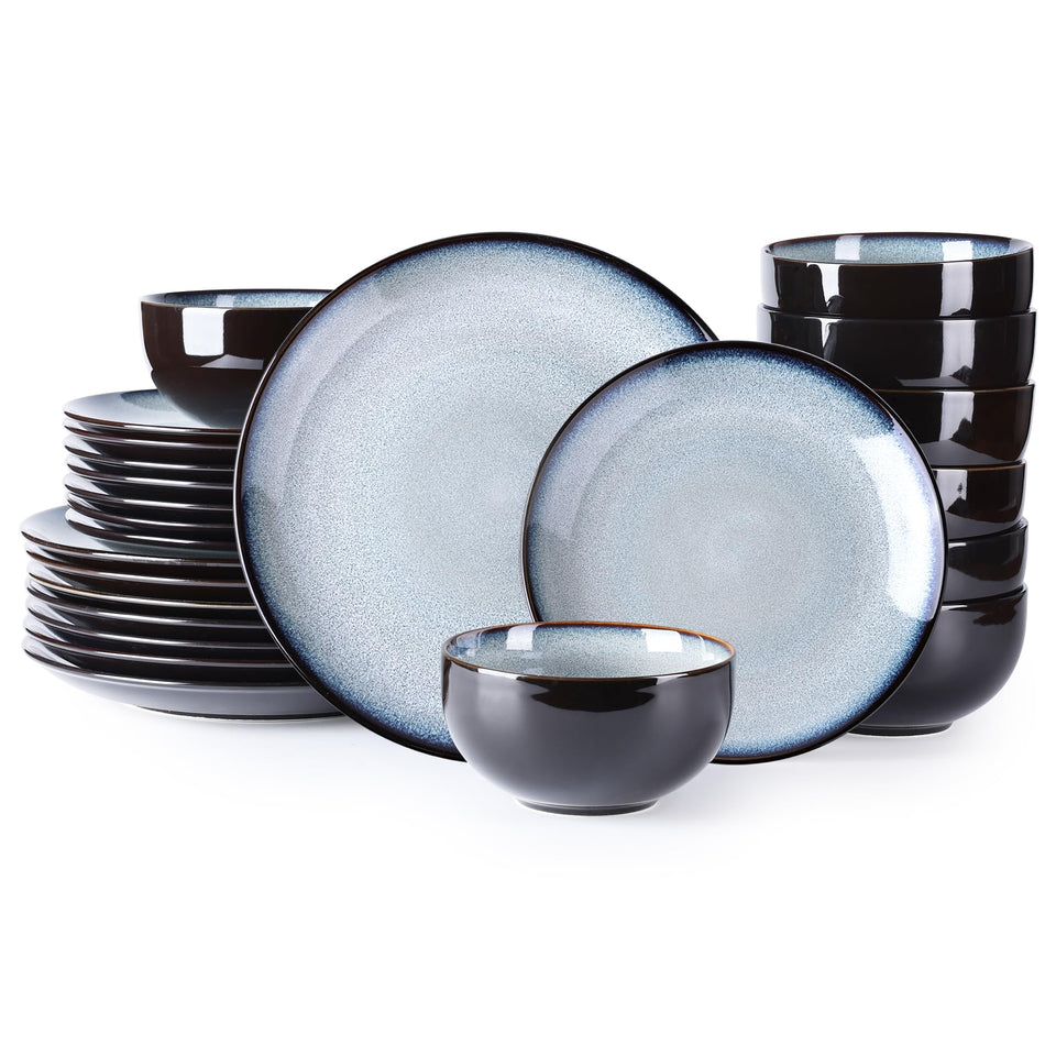 LeRatio Ceramic Dinnerware Sets for 6,Plates and Bowls Sets,Handmade Reactive Glaze Dishes Set,Chip Resistant and Scratch Resistant | Oven&Dishwasher & Microwave Safe-Blue(18PCS)