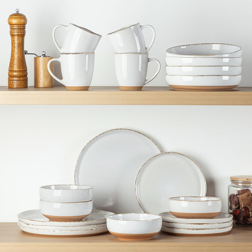 AmorArc Ceramic Dinnerware Sets for 8, 24 Pieces Handpainted Plates and Bowls Set with Rustic Terracotta Underside, Scratch Resistant Stoneware Dishes Set, Dishwasher & Microwave Safe, Light Beige