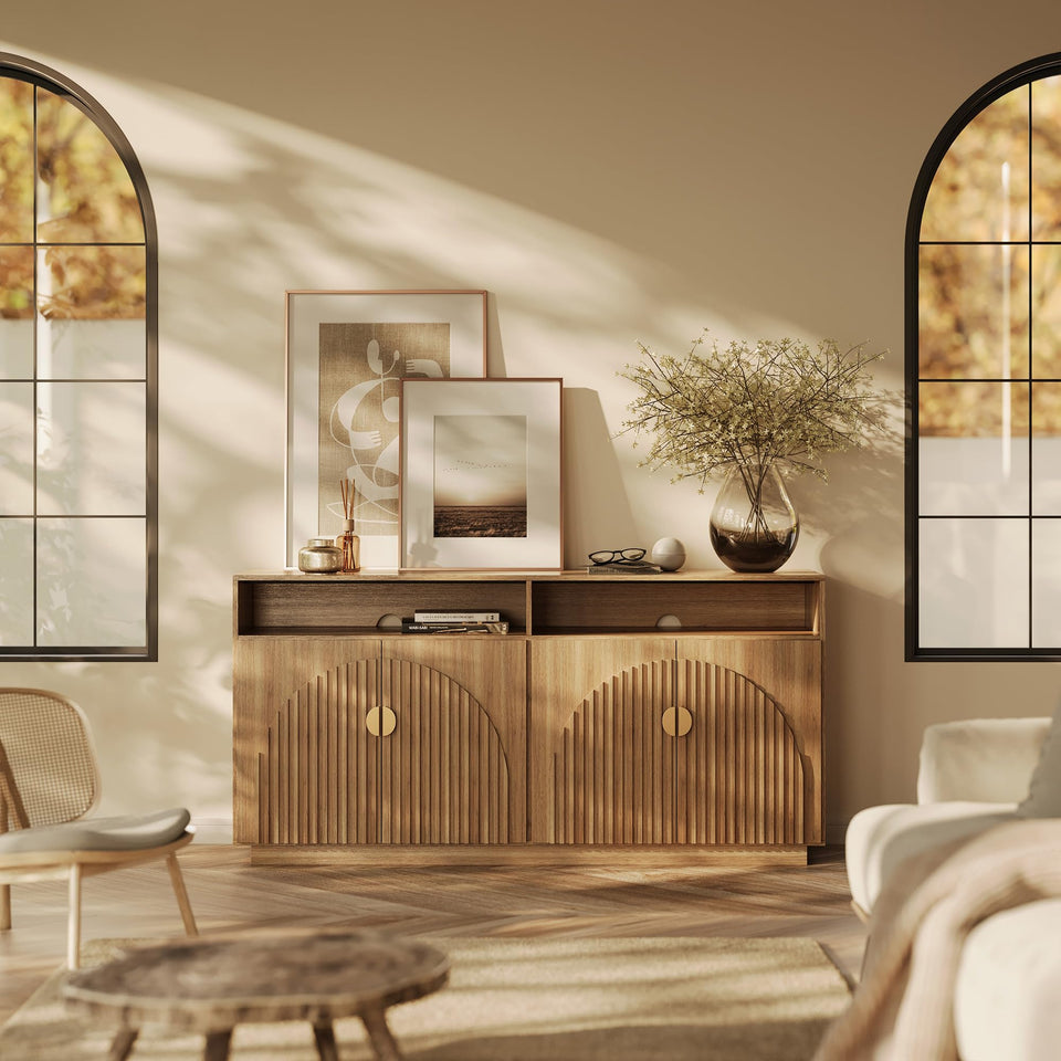 BELLEZE 65 Inch Fluted Buffet Cabinet with Storage, Symmetrical Arc Accent Sideboard Large Console Table for Dining Room, Kitchen, and Living Room (Caramel Brown)