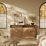 BELLEZE 65 Inch Fluted Buffet Cabinet with Storage, Symmetrical Arc Accent Sideboard Large Console Table for Dining Room, Kitchen, and Living Room (Caramel Brown)