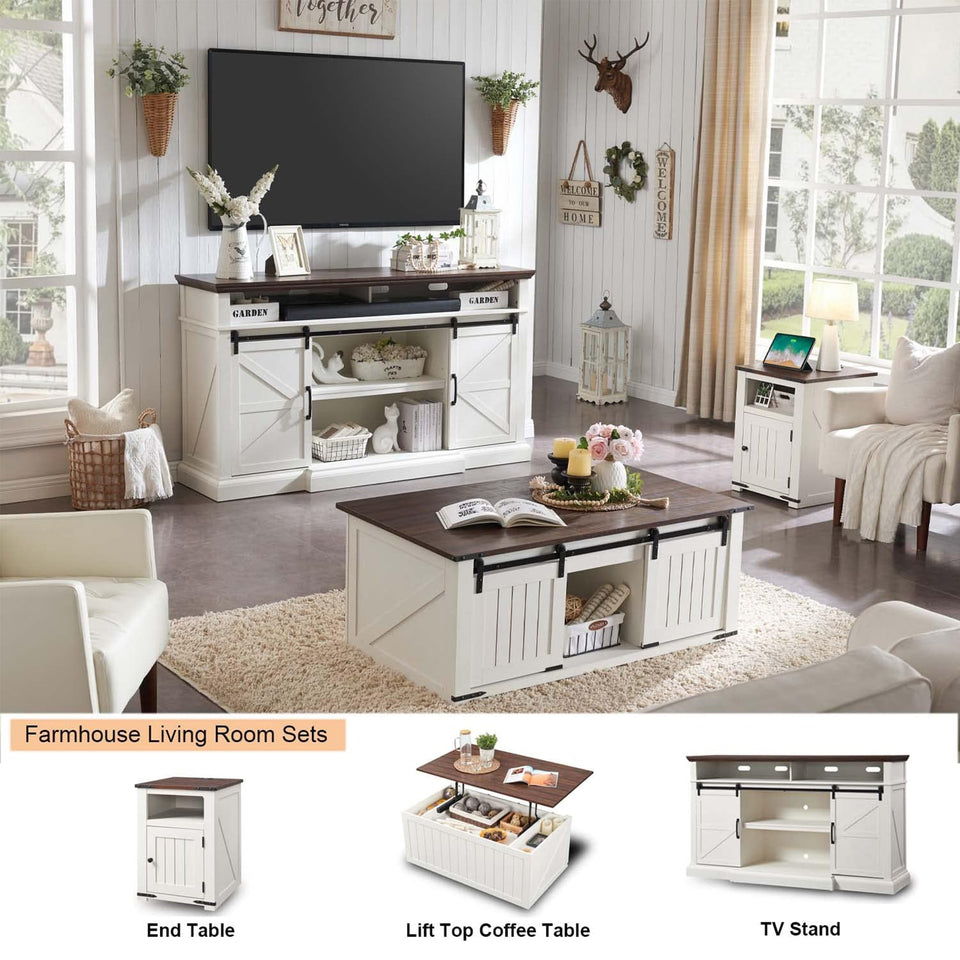 Farmhouse TV Stand for 80 Inch TVs, 37.4" Tall Entertainment Center w/Storage Cabinets and Sliding Barn Door, Media Console Cabinet w/Soundbar & Adjustable Shelves for Living Room, 70 inch (White)