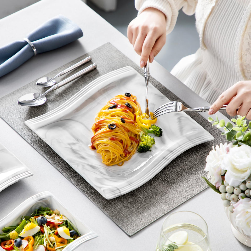 MALACASA Ivory White Dinnerware Sets, 30-Piece Porcelain Plates and Bowls Sets, Modern Dish Set for 6, Square Plates Dinnerware Set Kitchen Dishware Sets, Microwave and Dishwasher Safe, Series Flora