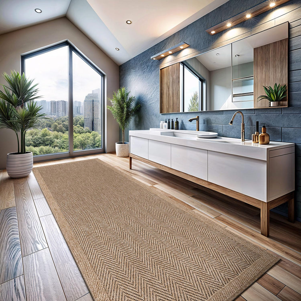 CAMILSON Easy Jute Rug 10x14, Indoor Outdoor Natural Color Fiber Area Rugs for Living Room Patio and Kitchen Rug Herringbone Woven Design Easy-Cleaning Washable Outside Carpet Alfombras 10 x 14